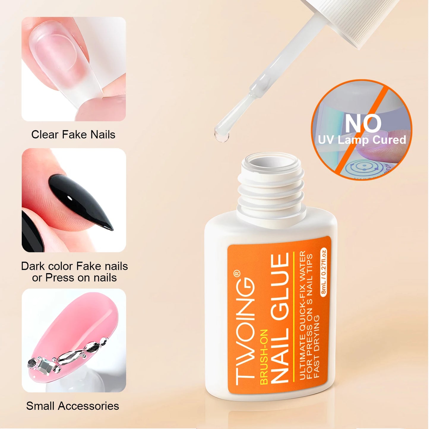 Twoing Waterproof Liquid Nail Adhesive,Long-Lasting & Fast-Drying, Formaldehyde-Free, Compatible with Acrylic Nails Fake Nails