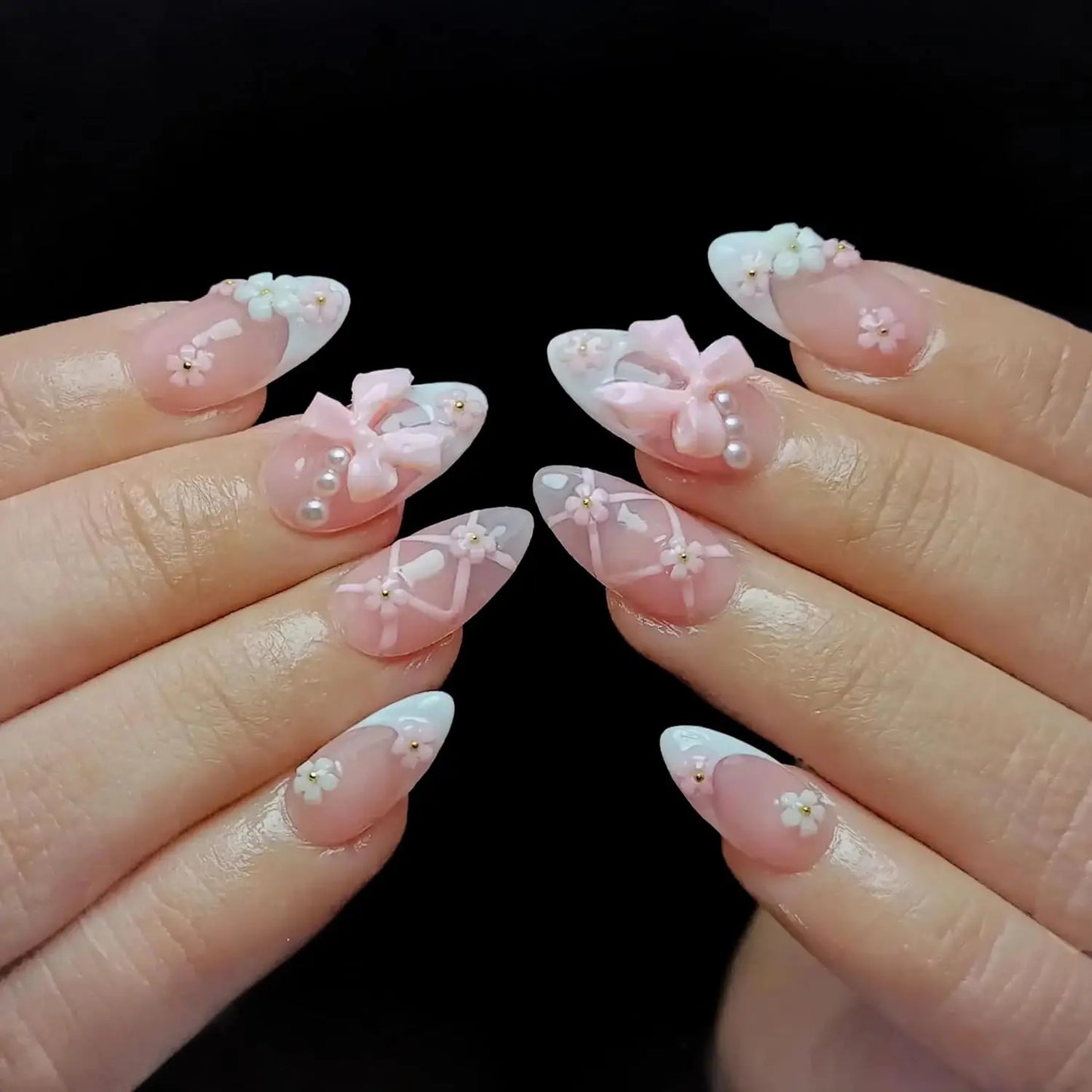 24PCS Pressed Black French Edge False Nails With Pearl And Bow Designs Fully Covered Acrylic False Nails, Reusable False Nails