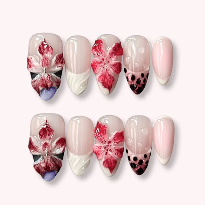24pcs Leopard Print Brown Nails Art Gilded Pearl Design Almond Fake Nail Tips Flower False Nail for Women Girl Press on Nails