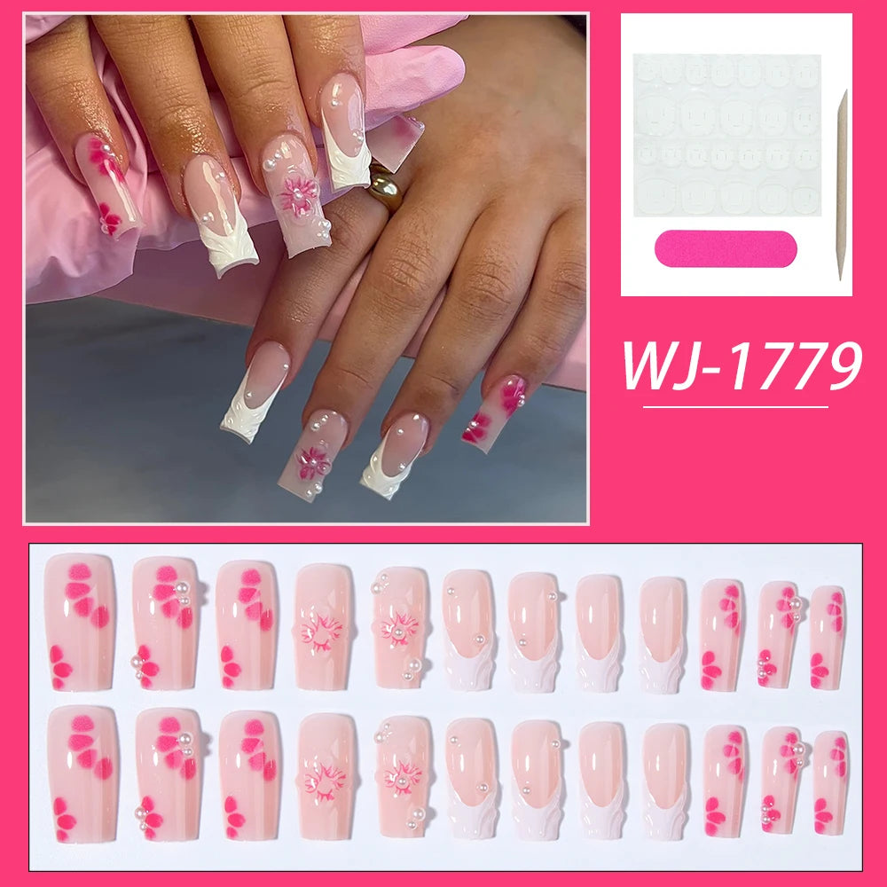 24pcs/set 3D gelnial makes medium Square Flowernails With pearls design French Tip Press On Nails medium Fit Perfectly Acrylic F