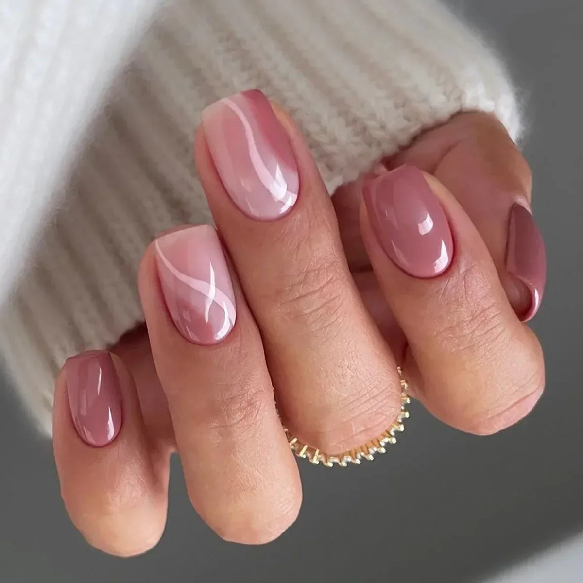 24Pcs Simple Red French Fake Nail Art Set Short Square False Nails with Glue Detachable Nail Tips Love Pattern Press on Nails