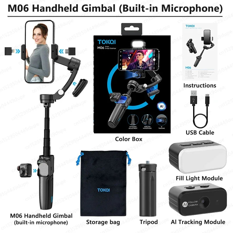M06 AI Tracking Handheld Gimbal Stabilizer with Fill Light Wireless Lavalier Microphone for iPhone Phone Telescopic Rod