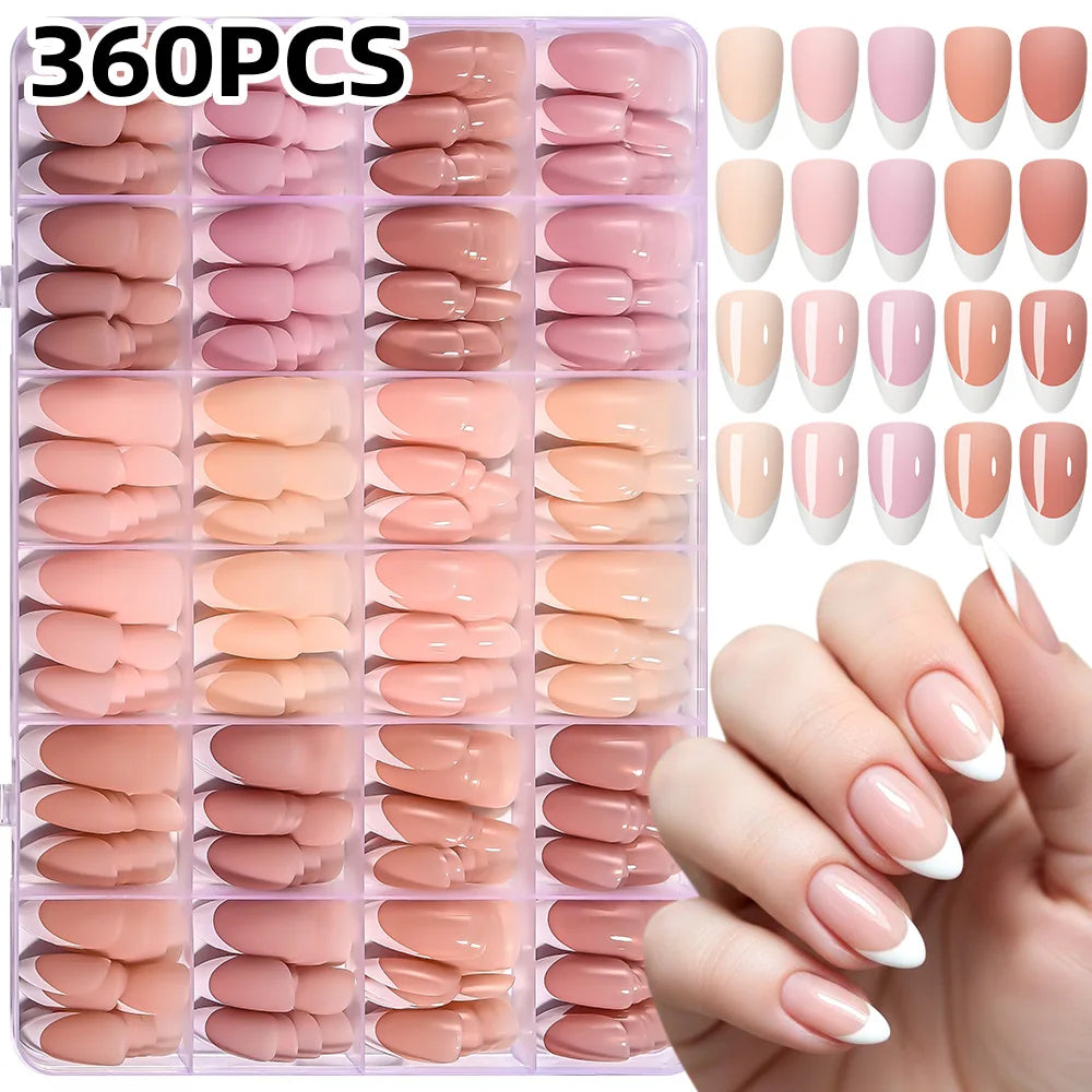 360Pcs/Box Pink Nude Almond French Fake Nails 12 Size Acrylic Soft Gel Tips Press on French Nails Full Cover Wearable False Nail