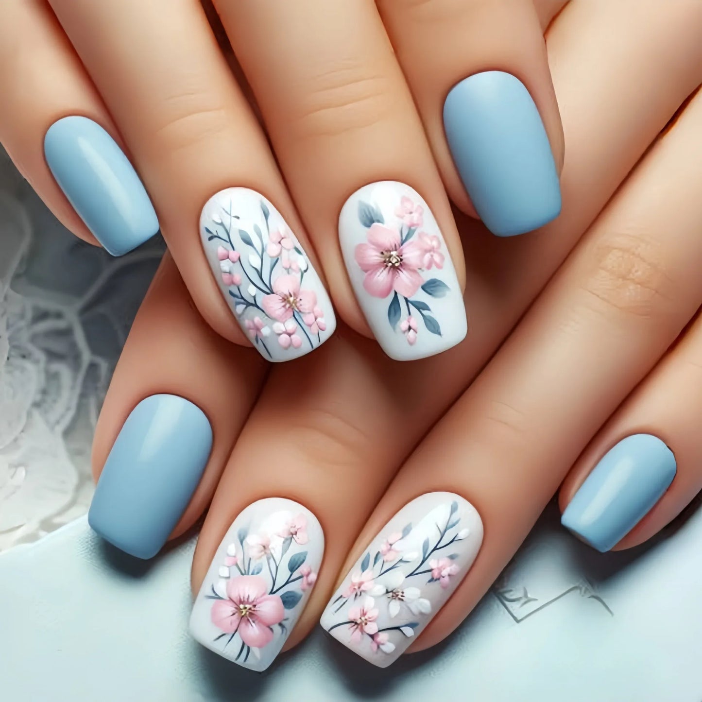 24pcs Mini Flower Press on Nails with Glue Painting Floral Acrylic Fake Nails Spring Design Short Square False Nails for Girls