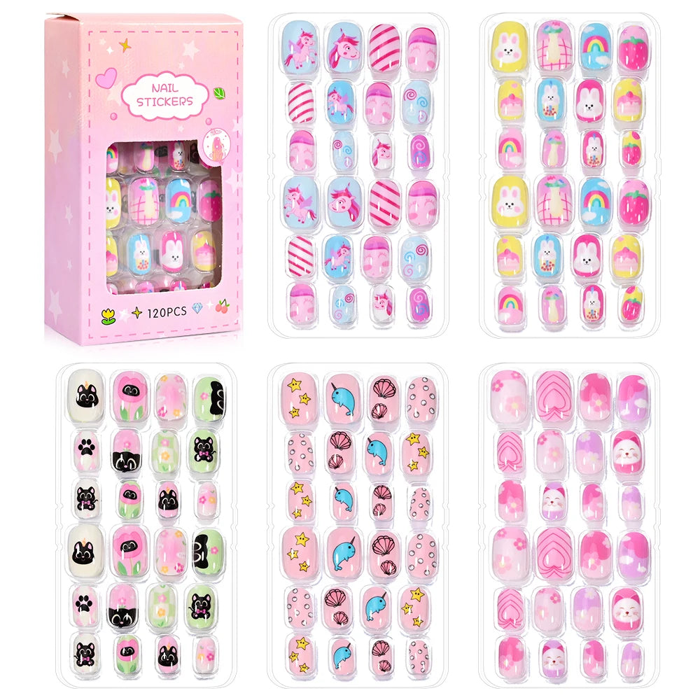 120Pcs/set Cartoon Kawaii Cute False Nail Tips 5*24Pcs  Acrylic Nails Tips Full Cover Short Fingernail Press on Fake Nails &*&