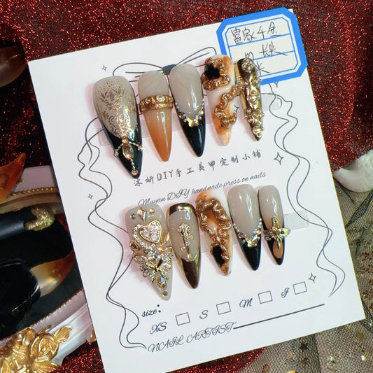 Luxury Rich Lady Press On Nails Set, Resin Fake Nails with 3D Embossed Patterns & Gold Accessories, Precise Sizing, Great for