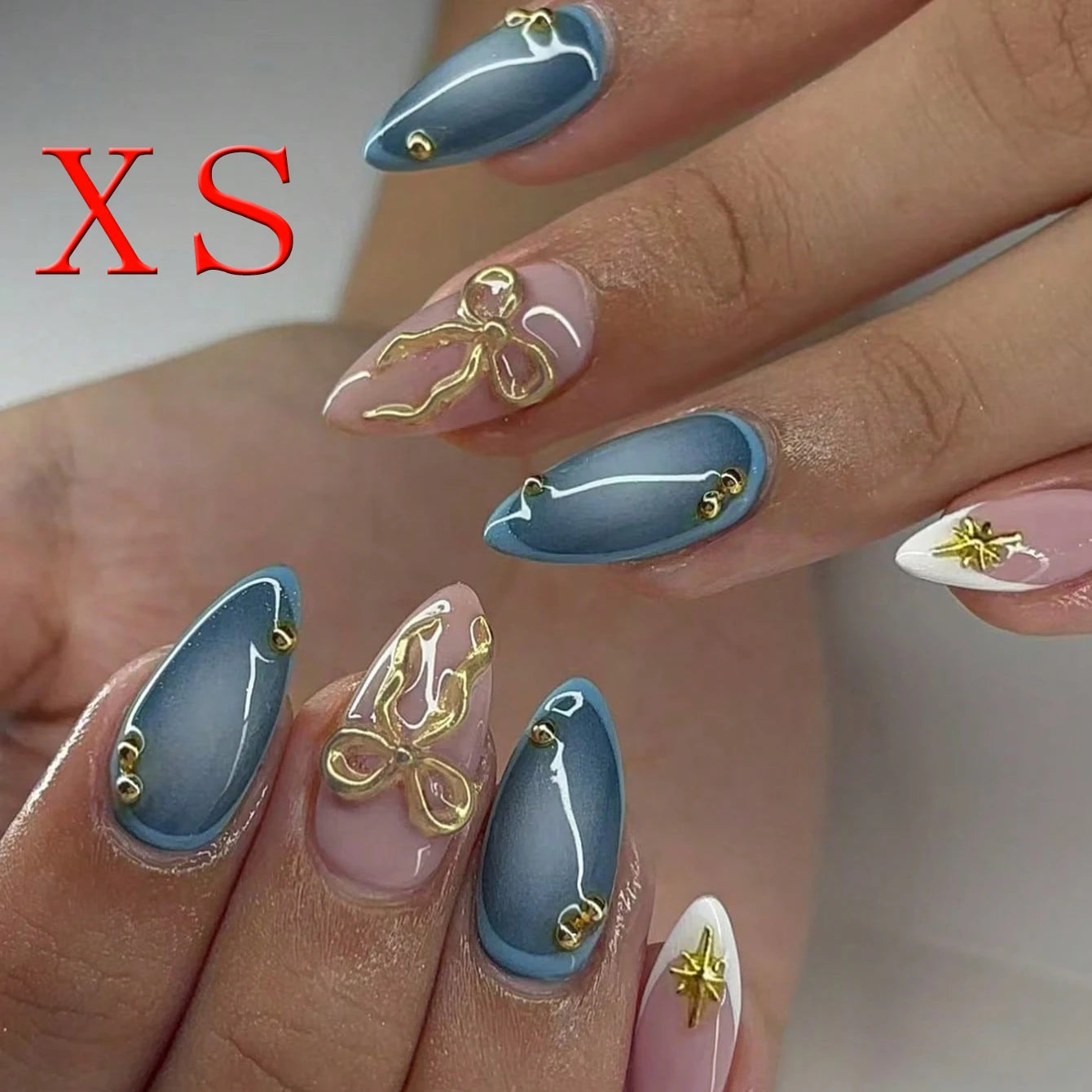10PCS Almond Fake Nail French Pointed Strap 3d Gold Bow Star Burst Design Nail Blue Gradient Acrylic Full Coverage Nail