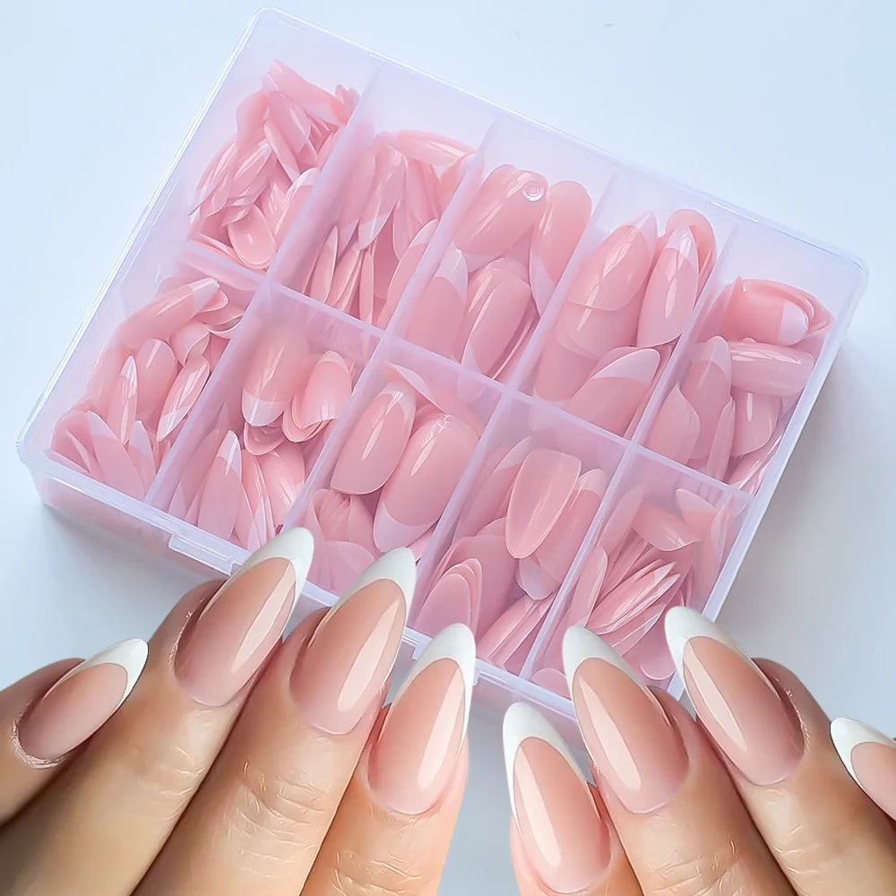 120/150/240pcs Pink Medium Almond French Press On Nails Glossy White French Oval Full Cover Wearable False Nail Acrylic FakeNail
