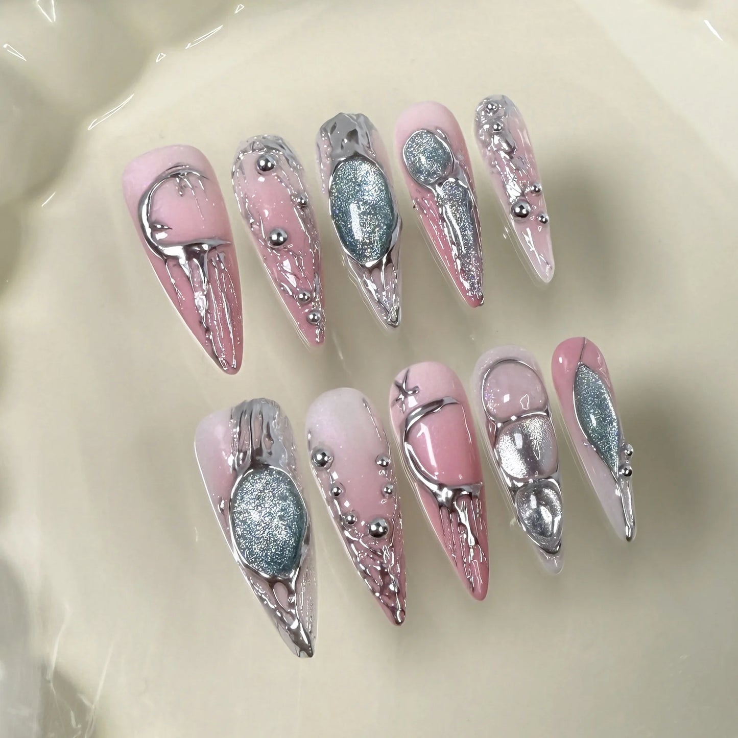 Handmade Halloween Press on Nails Long Gothic Y2k Metallic Fake Nails Artifical Acrylic Fake Nails Manicure Desired Life Store