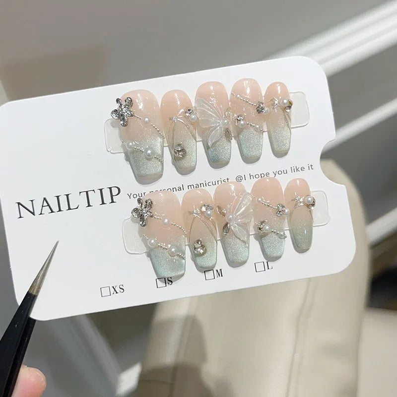 10Pcs Dark Sweet Cool Handmade Fake Nails 3D Butterfly Florals Wearable Nails Stickers Mid-length Ballet Acrylic Nails for Women