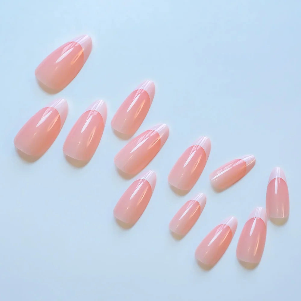 120/150/240pcs Pink Medium Almond French Press On Nails Glossy White French Oval Full Cover Wearable False Nail Acrylic FakeNail