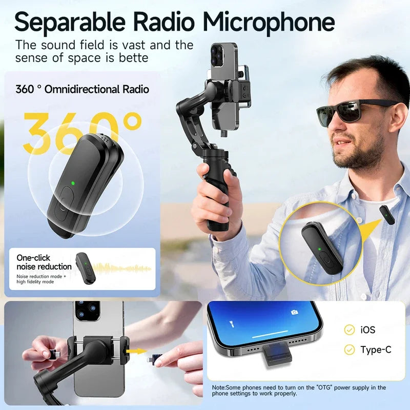 M06 AI Tracking Handheld Gimbal Stabilizer with Fill Light Wireless Lavalier Microphone for iPhone Phone Telescopic Rod