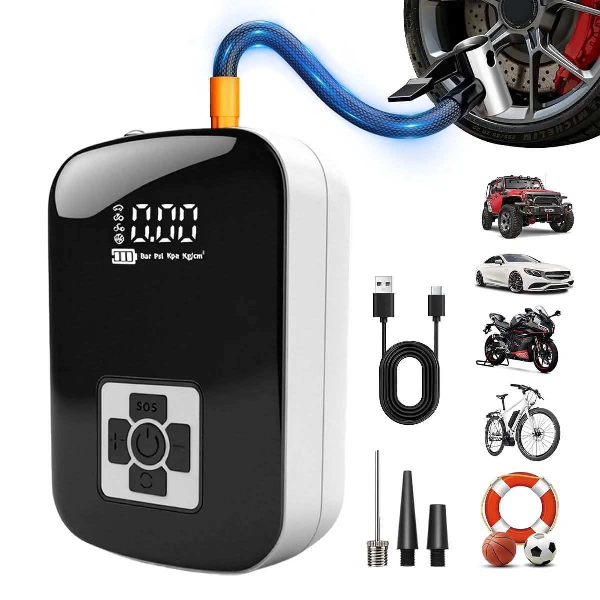 2026 New Rechargeable Portable Led Light Car Tire Inflator Air Compressor For Motorcycle Bicycle Electric Bike