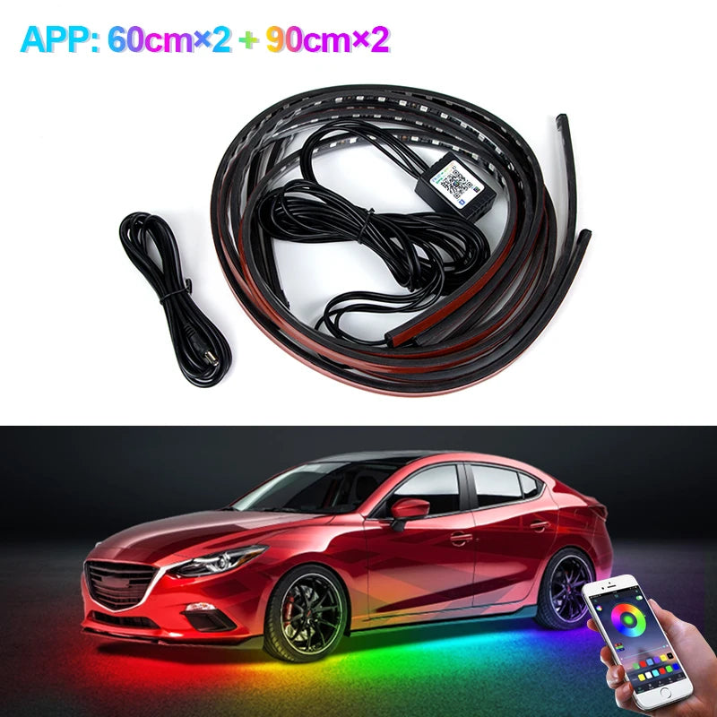 SEAMETAL 4Pcs Car Led Flow Light Colorful Chassis Light Strip Flexible Waterproof Car Underglow Atmosphere Lamp Bar App Control