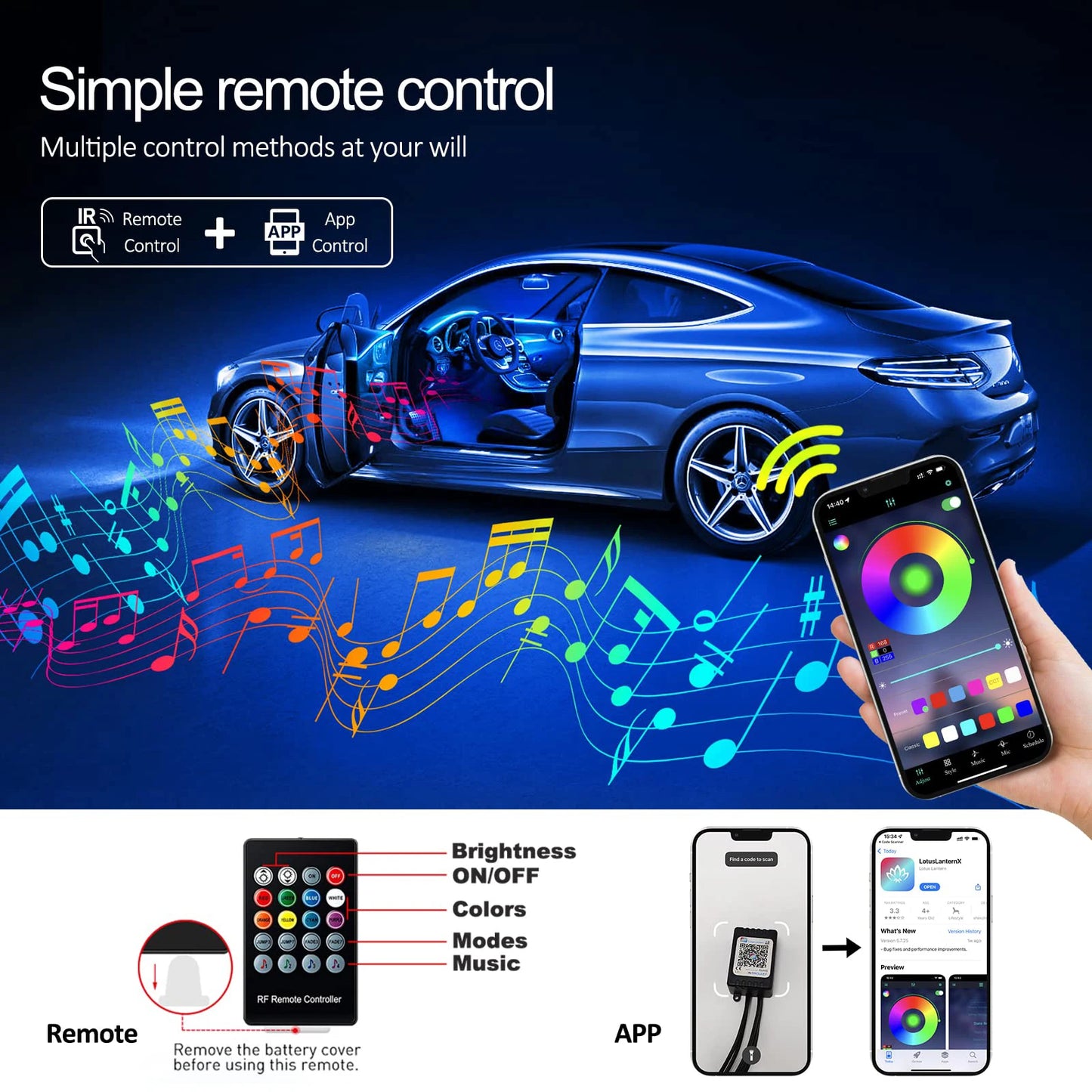 5 in 1 LED Car Interior Ambient Lights Neon Fiber Optic Lighting Kit with APP Remote Music Control RGB Auto LED Decorative Lamps