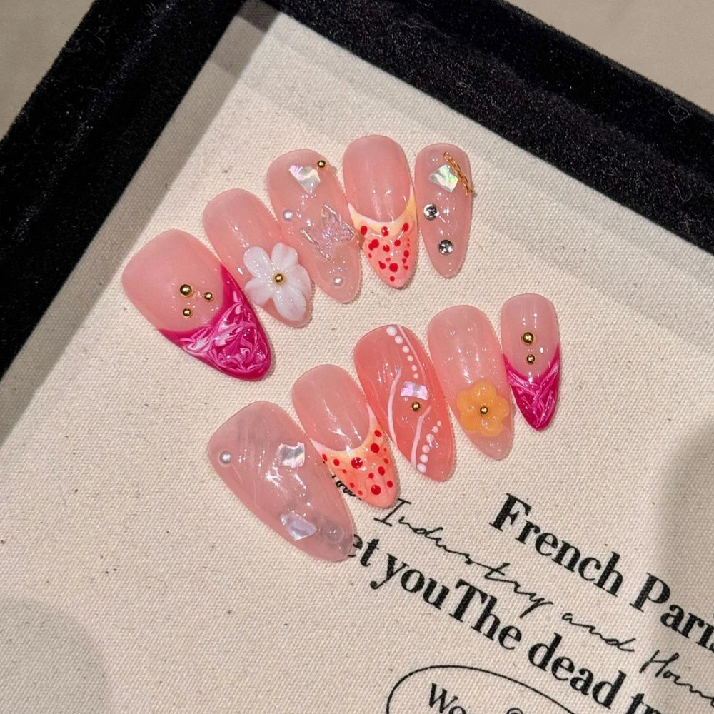 Handmade Almond Press on Nails French Flowers Design Reusable Acrylic False Nails Artifical Nail Tips Manicure Desired Life