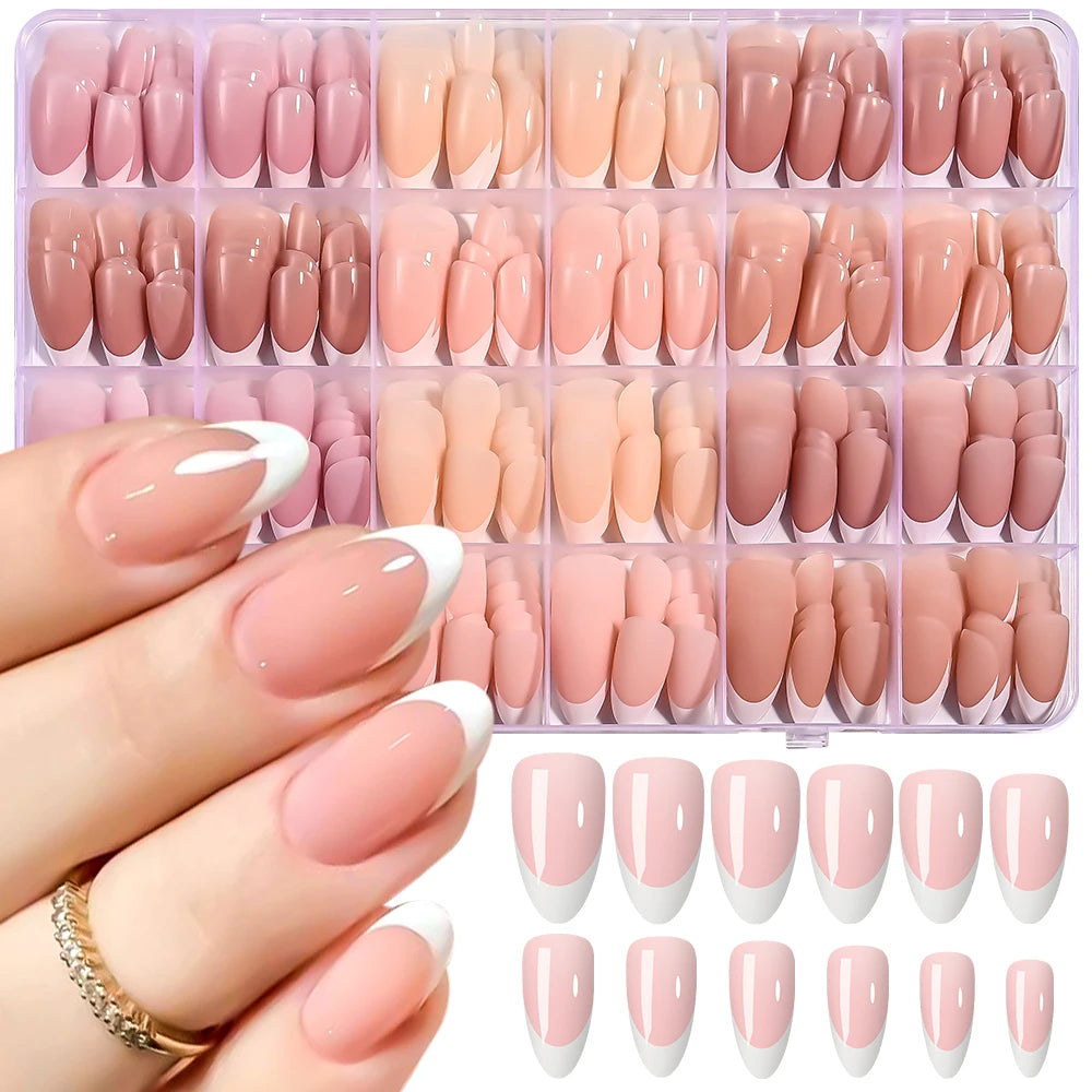360Pcs/Box Pink Nude Almond French Fake Nails 12 Size Acrylic Soft Gel Tips Press on French Nails Full Cover Wearable False Nail