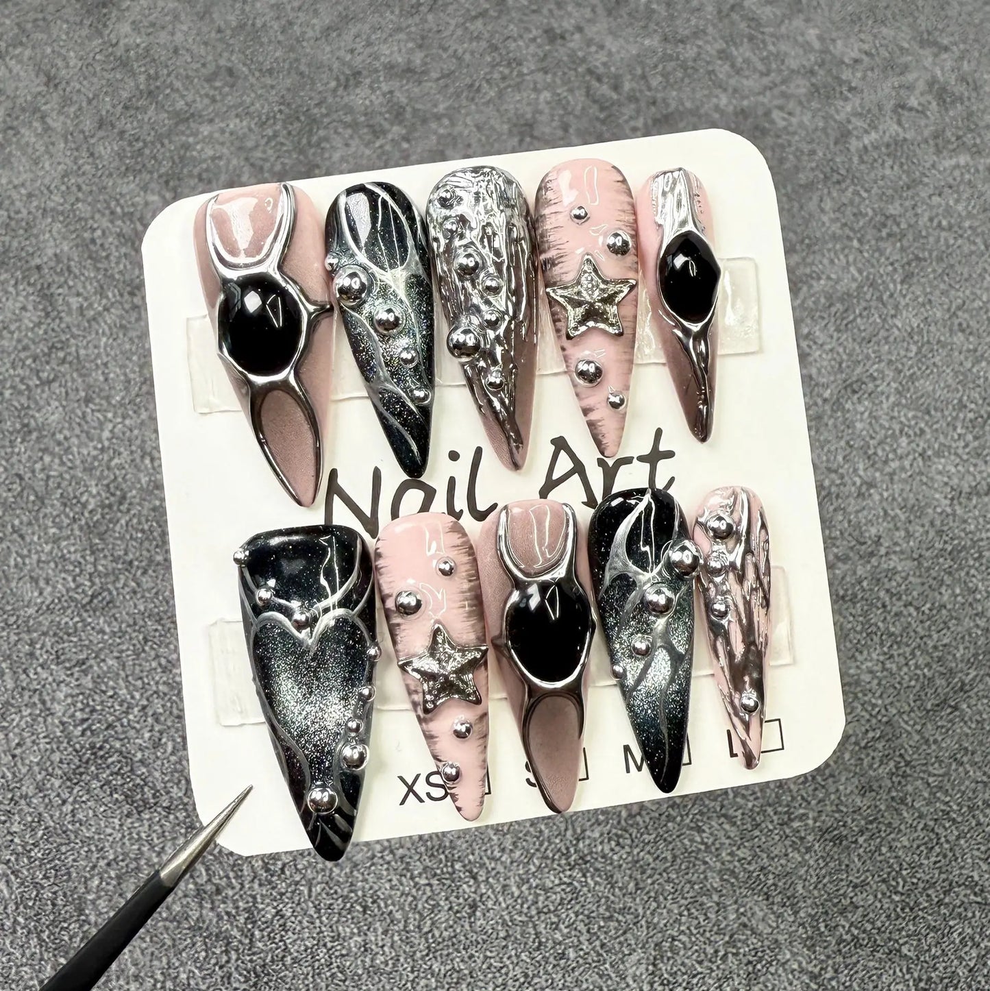 Handmade Halloween Press on Nails Long Gothic Y2k Metallic Fake Nails Artifical Acrylic Fake Nails Manicure Desired Life Store