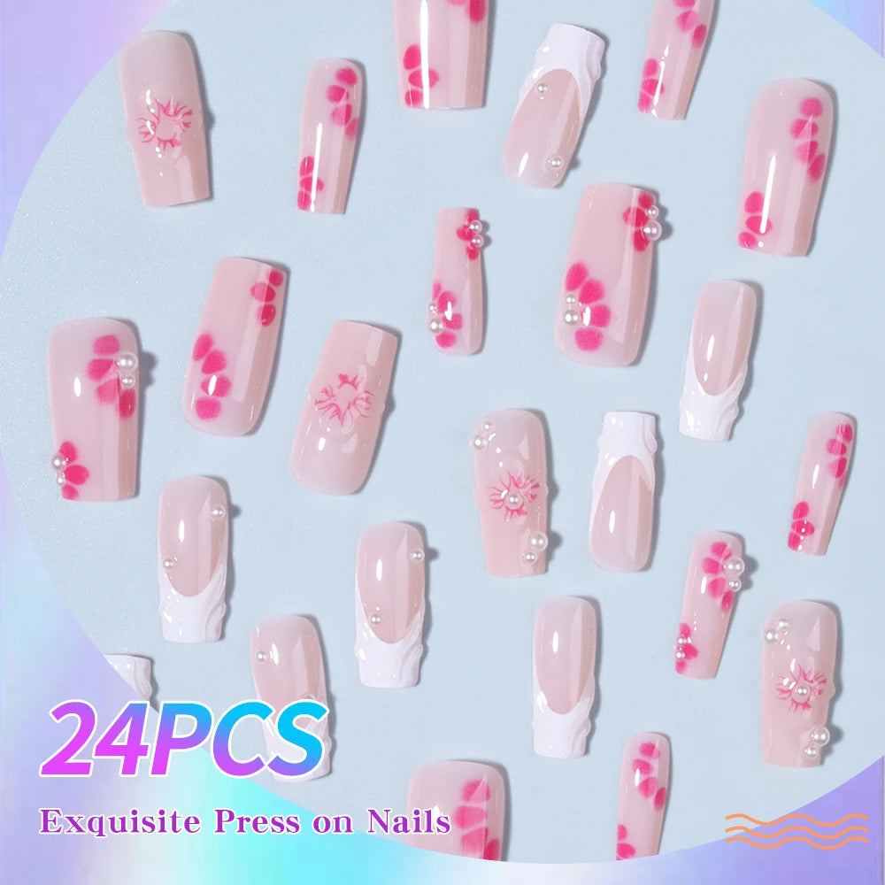 24pcs/set 3D gelnial makes medium Square Flowernails With pearls design French Tip Press On Nails medium Fit Perfectly Acrylic F