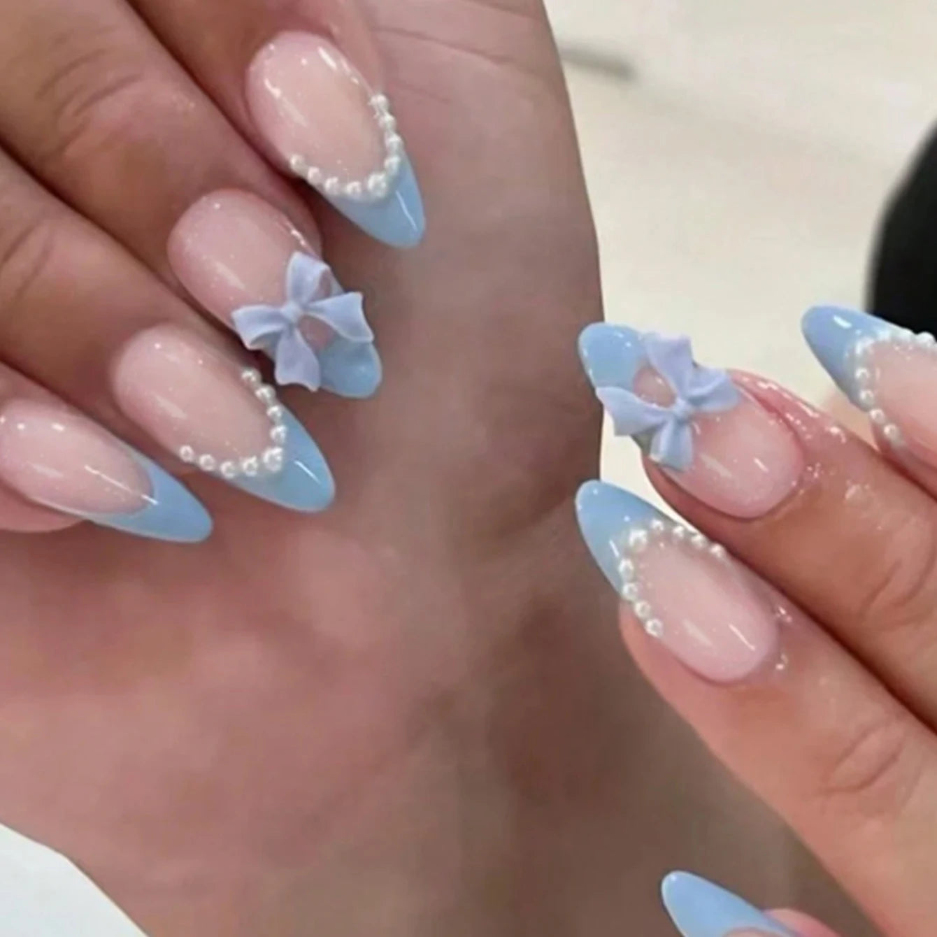 24PCS Pressed Black French Edge False Nails With Pearl And Bow Designs Fully Covered Acrylic False Nails, Reusable False Nails