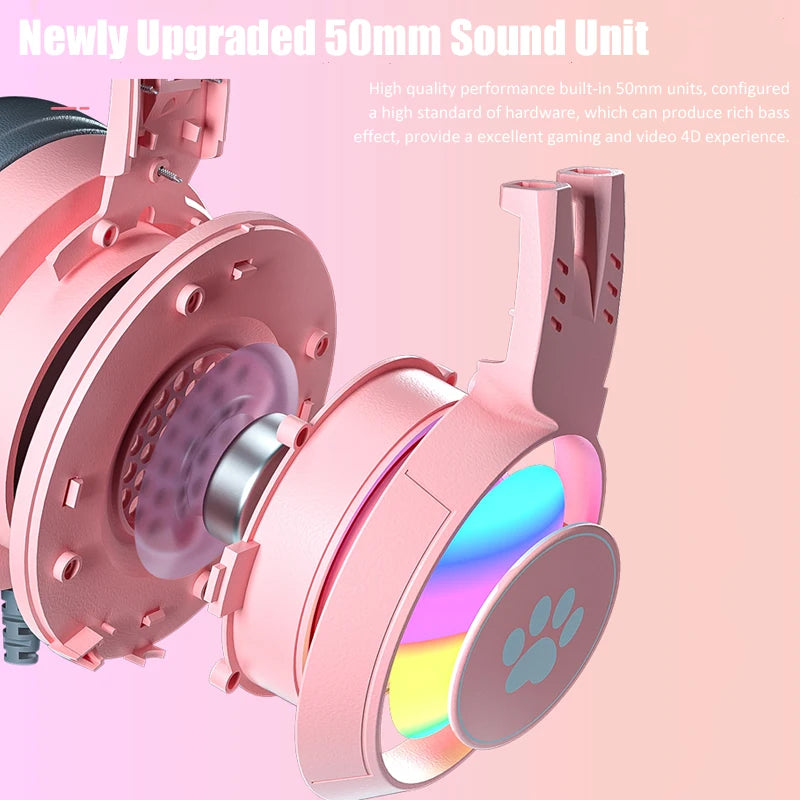 Cute Cat Ear Gaming Headphones with Mic Noise Reduced RGB Pink Girls Headset Gamer Accessories for PS4 Xbox Phone PC Kid Gift