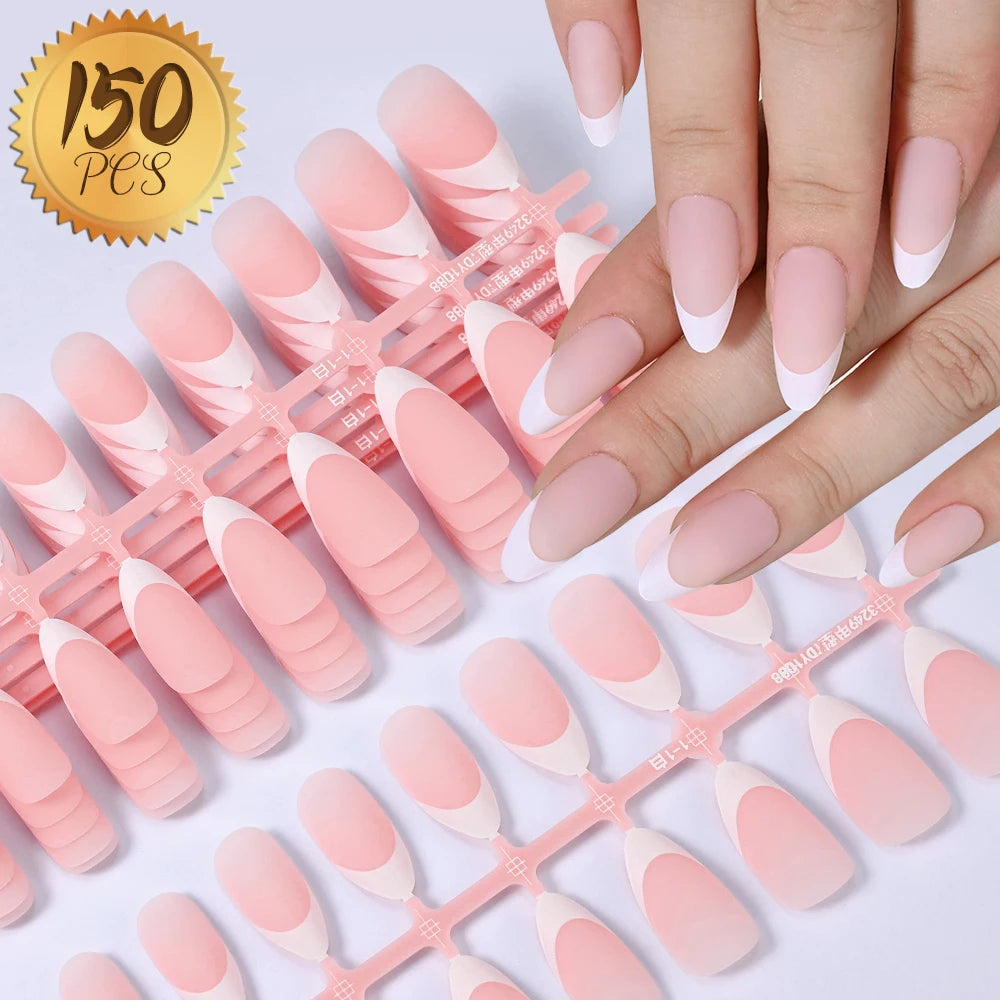 120/150/240pcs Pink Medium Almond French Press On Nails Glossy White French Oval Full Cover Wearable False Nail Acrylic FakeNail