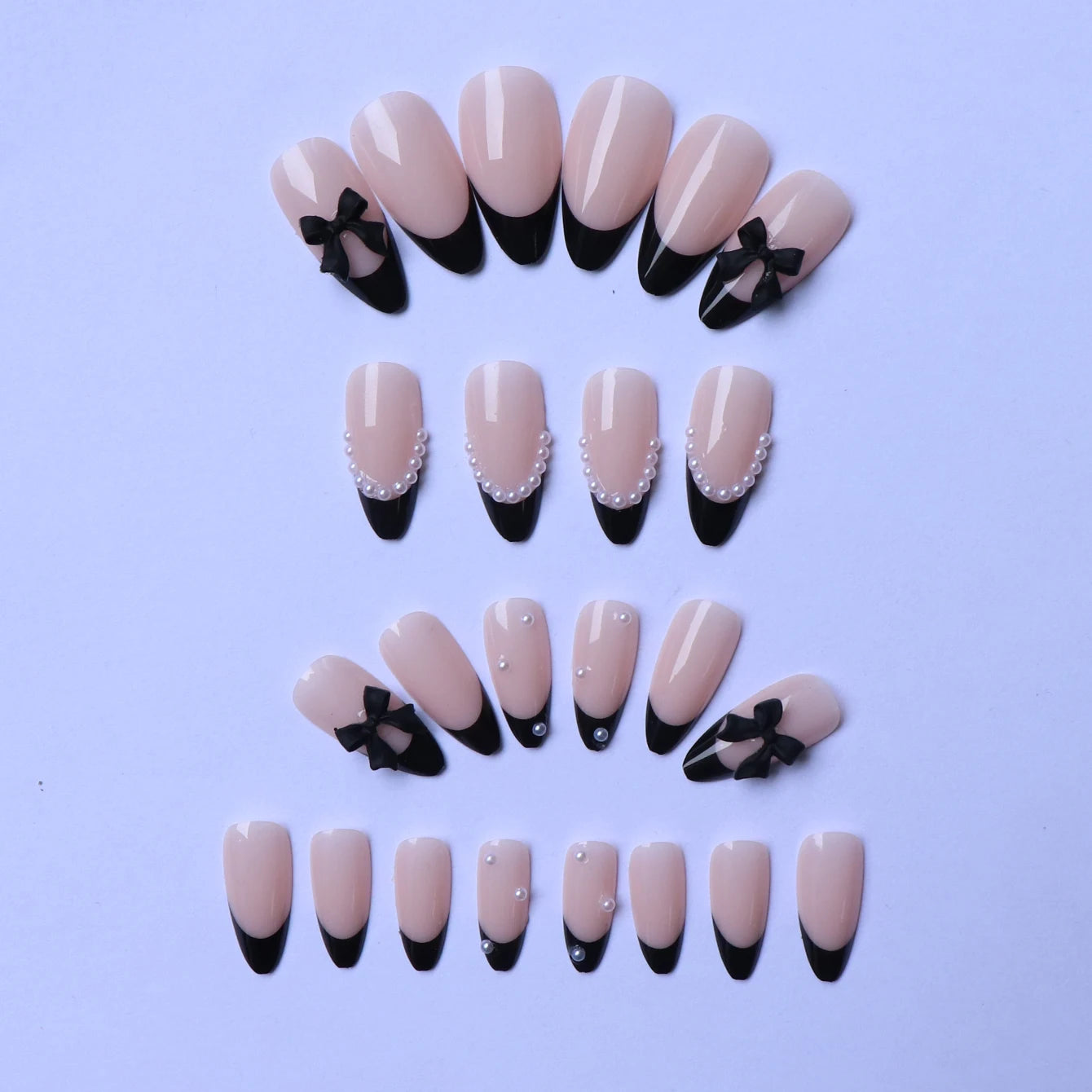 24PCS Pressed Black French Edge False Nails With Pearl And Bow Designs Fully Covered Acrylic False Nails, Reusable False Nails