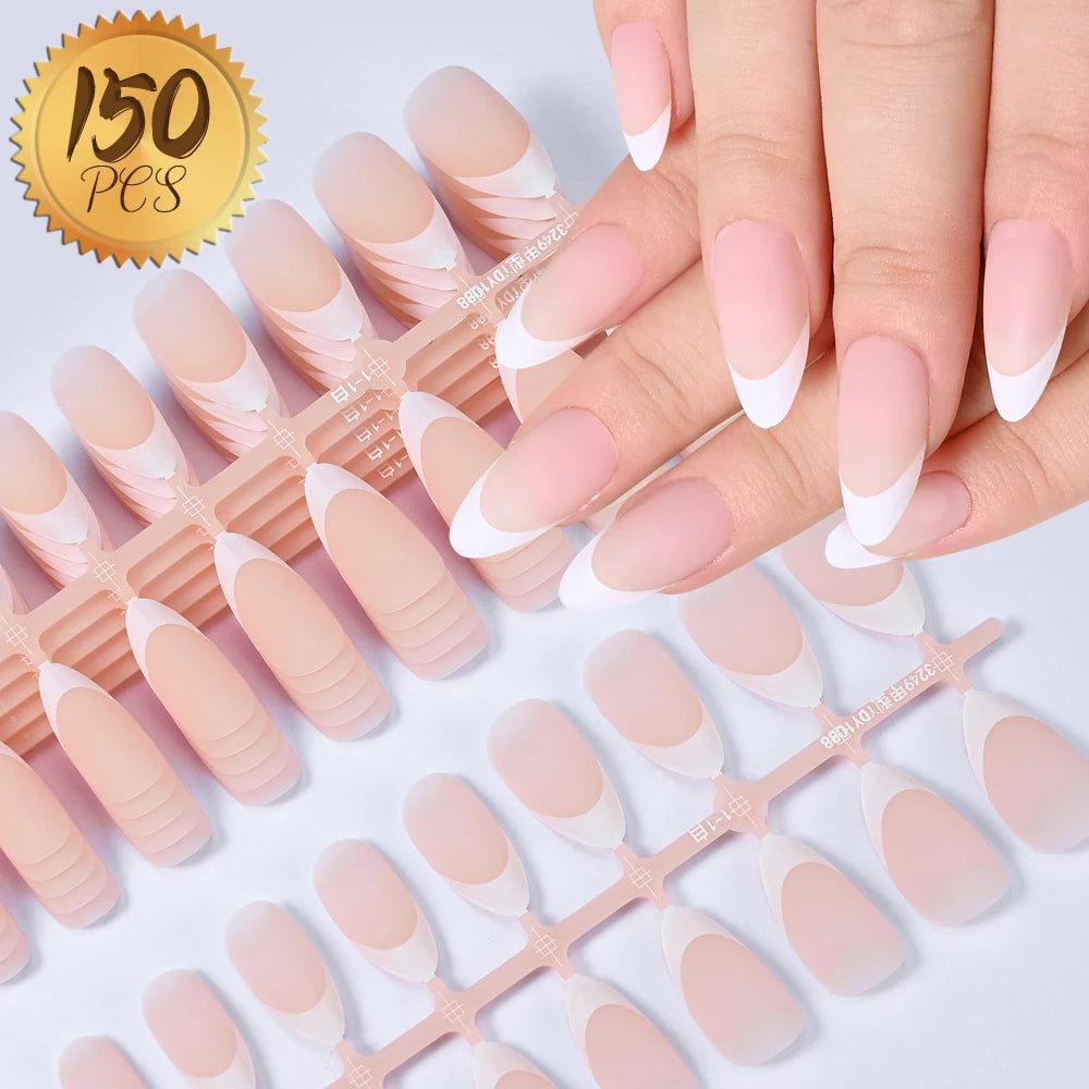 120/150/240pcs Pink Medium Almond French Press On Nails Glossy White French Oval Full Cover Wearable False Nail Acrylic FakeNail