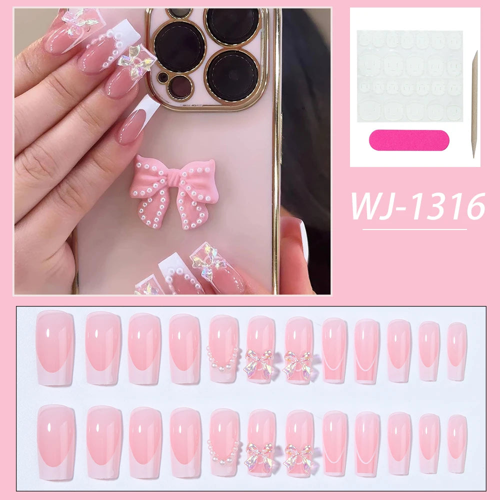 Elevate Your Style with, 24pcs/set Press on nails tips White French & 3D flowers design Acrylic Fake Nail，Fit Perfectly & Medium