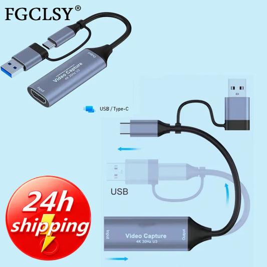 For Switch Xbox PS5/4 Live Broadcast 2 in 1 USB 3.0 Video Capture Card 4K HDMI-compatible to USB 2.0 Type-C Game Grabber Record