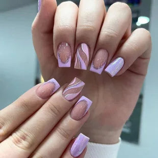 24pcs Flash False Nails Taro Purple Press on Nails French Fashion White Edge False Nails Full Cover Acrylic Nails Set Press Ons