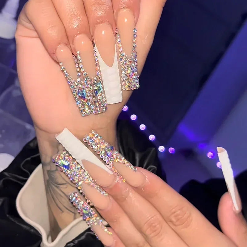 Customize Handmade Extra Long False Nail Tips Glittery Rhinestone 3D Flower Press On Nails Y2K Reusable 3XL Acrylic Fake Nail