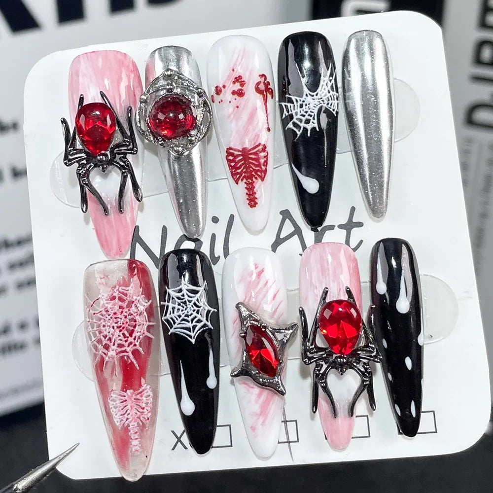 Handmade Halloween Press on Nails Long Gothic Y2k Metallic Fake Nails Artifical Acrylic Fake Nails Manicure Desired Life Store