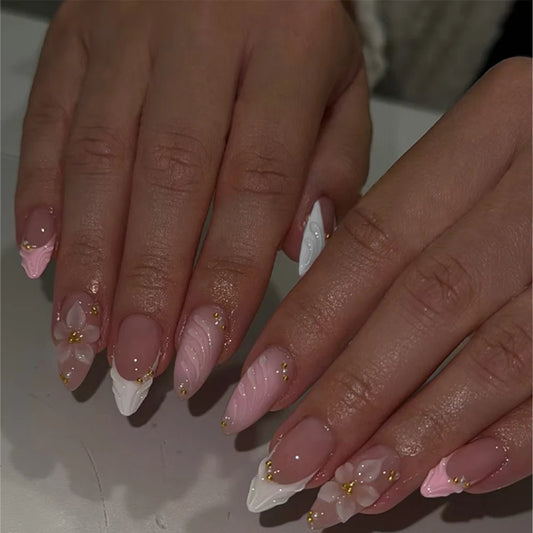 Elevate Your Style with, 24pcs/set Long almond flowers Pink and white French Press on nails tips French Acrylic Fake Nail，3d gel