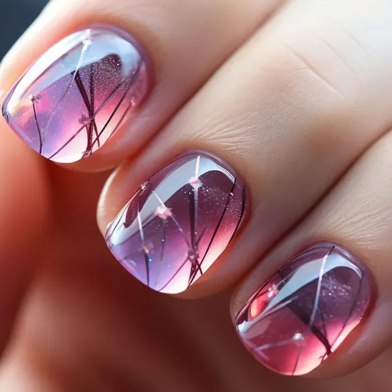 24Pcs Simple Red French Fake Nail Art Set Short Square False Nails with Glue Detachable Nail Tips Love Pattern Press on Nails