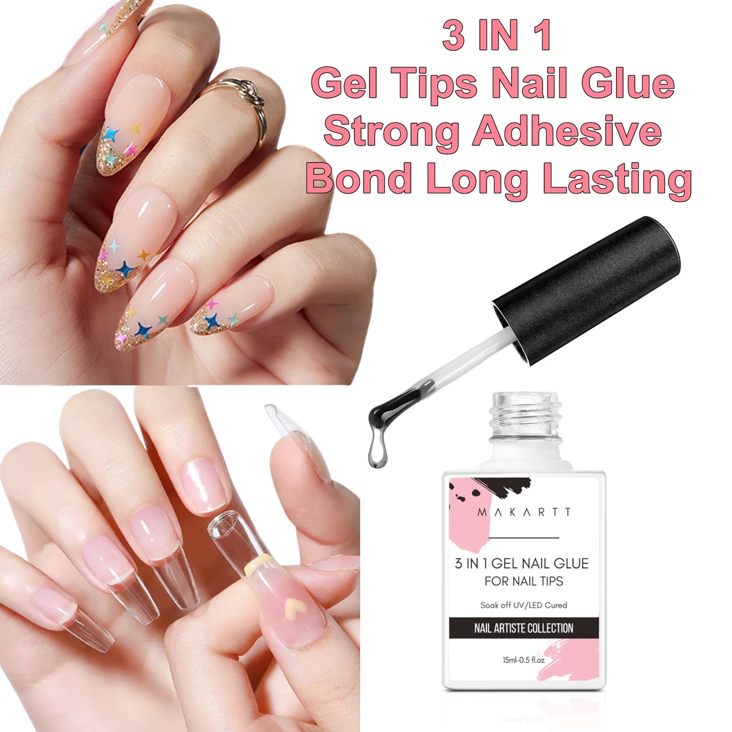 Makartt Nail Glue Gel for Acrylic Nails 3 in 1 Nail Gel Super Strong Brush On UV Nail Glue Long Lasting for False Press On Nails