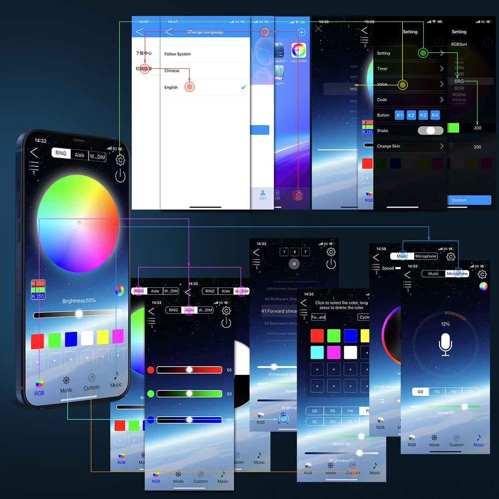 Neon LED RGB Car Underglow Bottom Light Remote/APP Control Flexible Waterproof LED Strip Car Underbody Light Decorative Lamp 12V