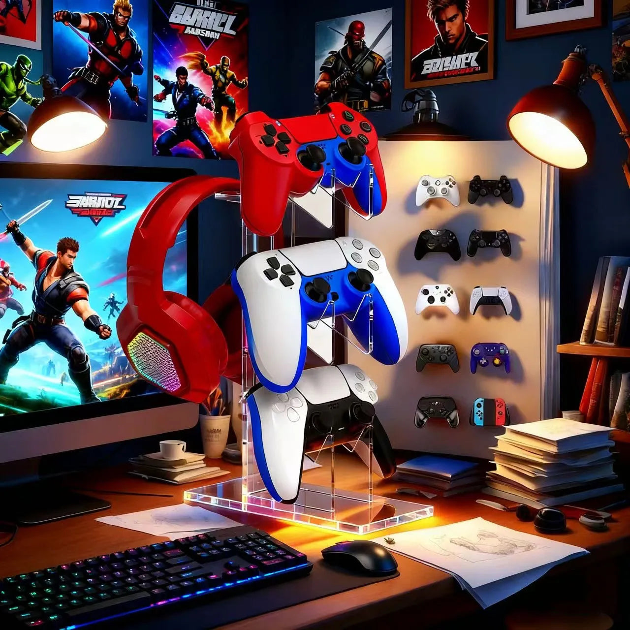 Universal 2/3 Tier Controller Holder and Headset Stand for PS4 PS5 XBOX ONE SWITCH, Controller Stand Gaming Accessories