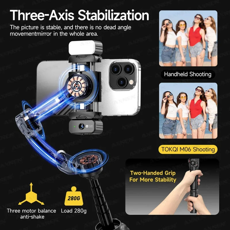 M06 AI Tracking Handheld Gimbal Stabilizer with Fill Light Wireless Lavalier Microphone for iPhone Phone Telescopic Rod