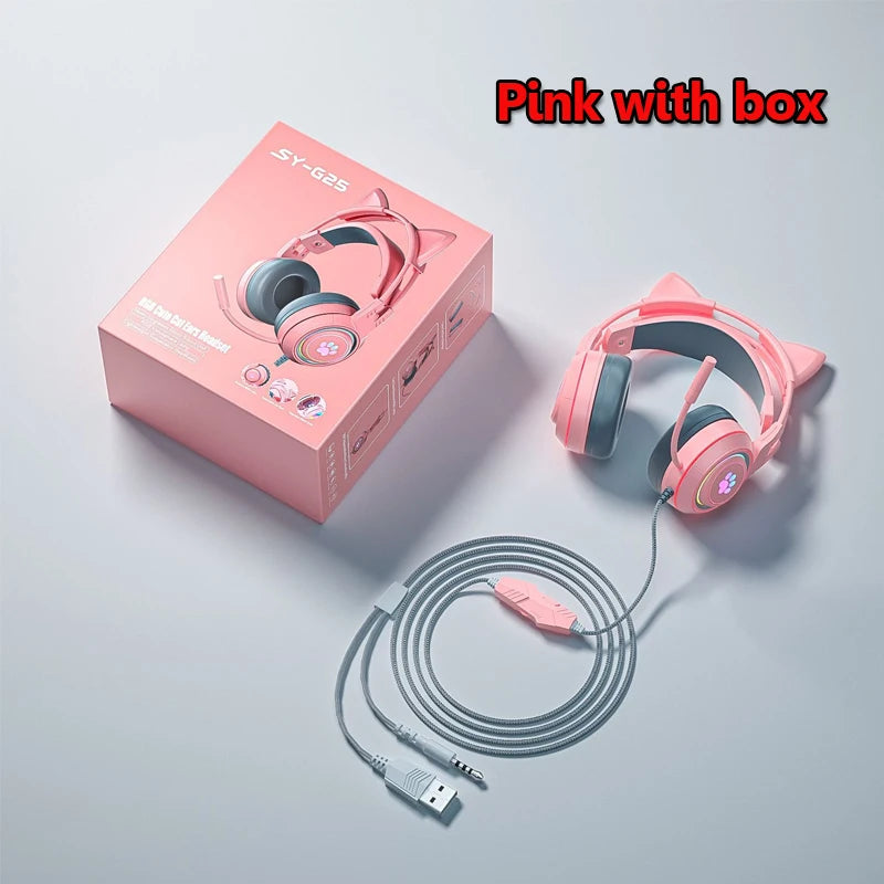Cute Cat Ear Gaming Headphones with Mic Noise Reduced RGB Pink Girls Headset Gamer Accessories for PS4 Xbox Phone PC Kid Gift