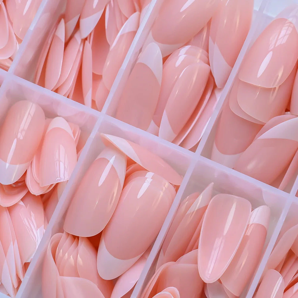 120/150/240pcs Pink Medium Almond French Press On Nails Glossy White French Oval Full Cover Wearable False Nail Acrylic FakeNail