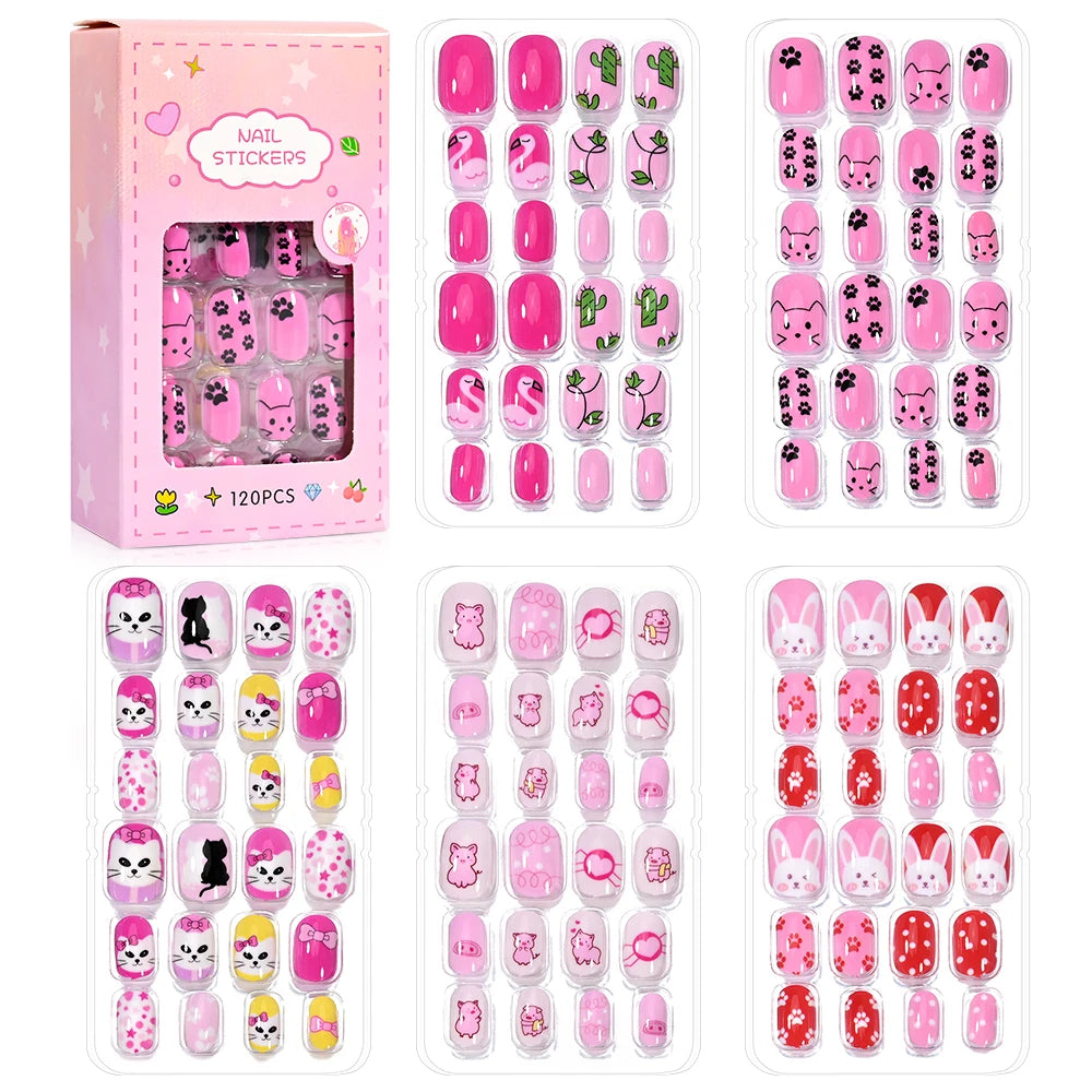120Pcs/set Cartoon Kawaii Cute False Nail Tips 5*24Pcs  Acrylic Nails Tips Full Cover Short Fingernail Press on Fake Nails &*&