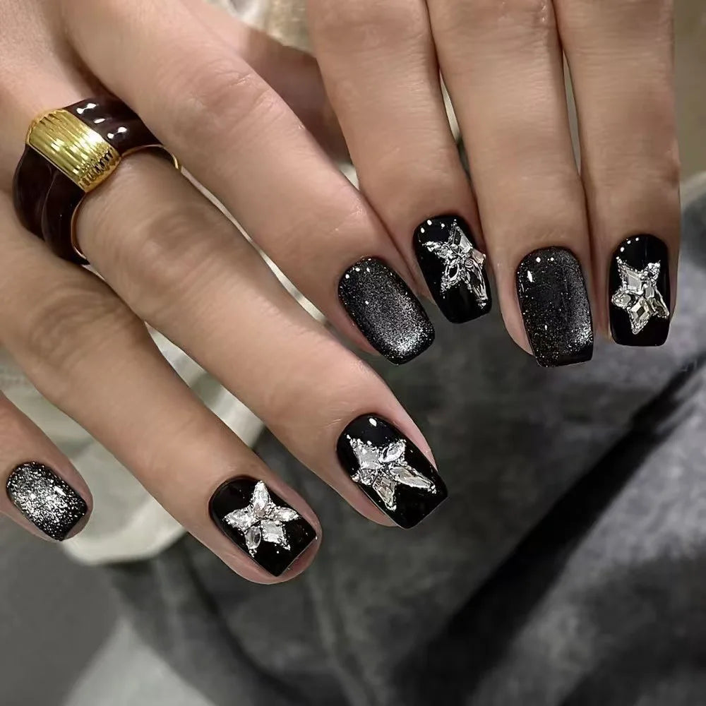 10PCS Glitter Black Cat Eye Short Square Handmade Press on Nails Sweet Cool Simple Stars Fake Nails Spice Girls Y2k False Nails