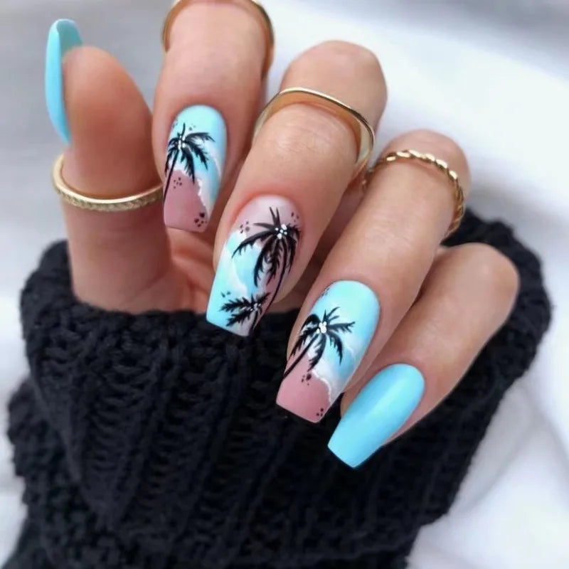 24pcs Medium Long False Nails for Women Sandy Beaches Coconut Trees Thick Acrylic Press on Nails with Tools Beach nail Tips 2025