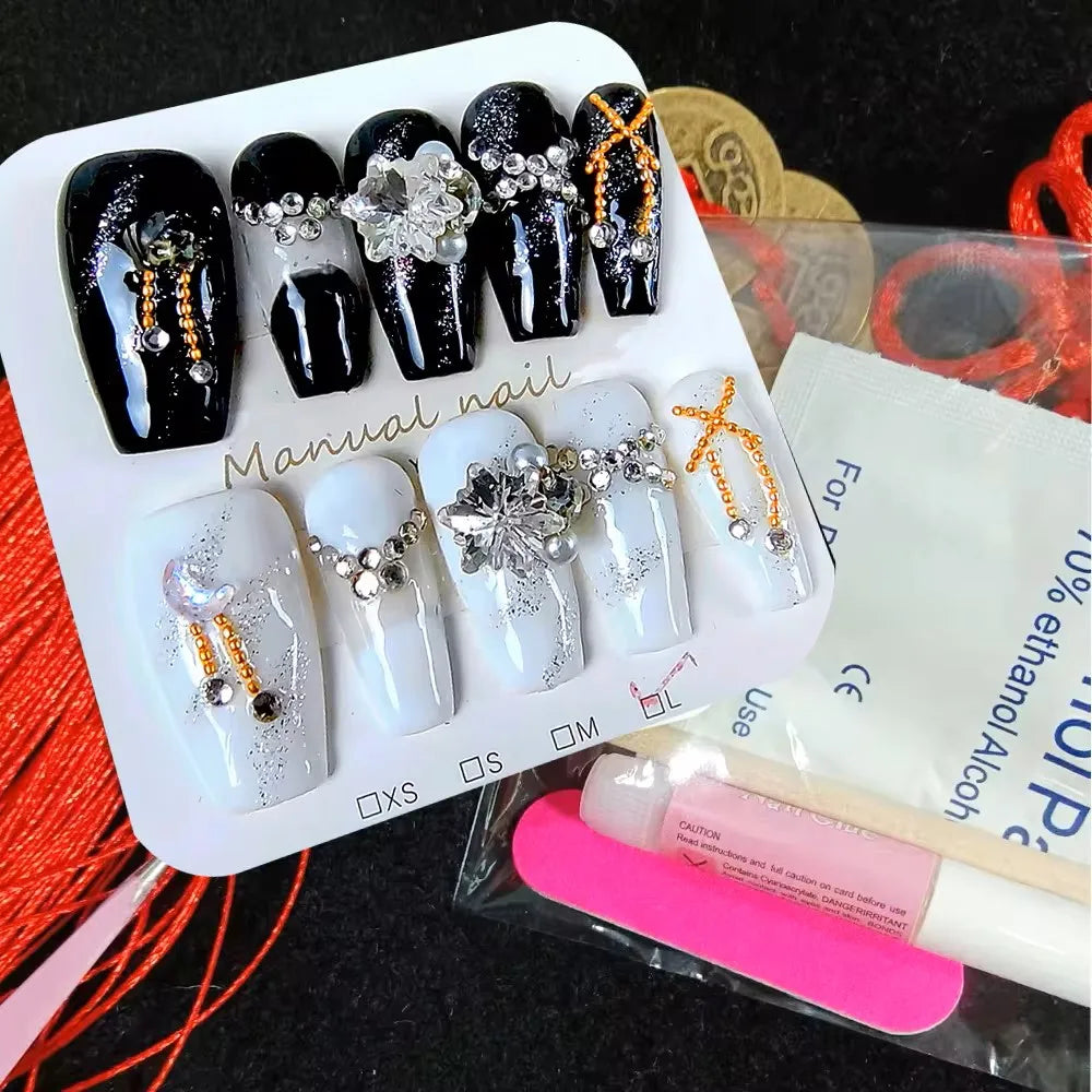 10pcs High Quality Handmade Press on Nails Medium Ladder Black White Thick Acrylic Nail Manicure Art Accessories For Kids Girl