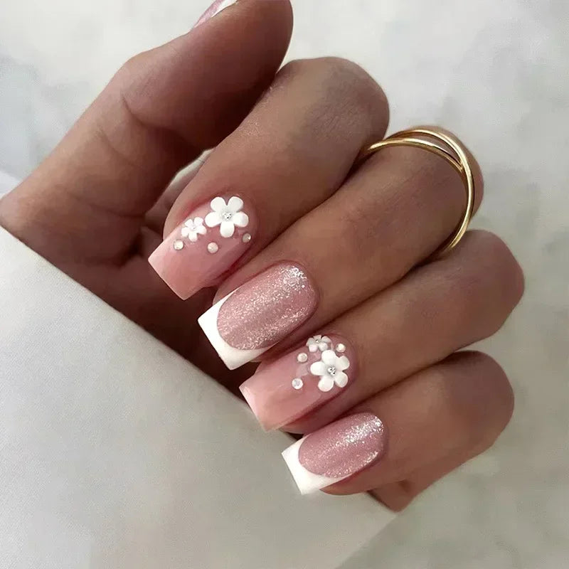 24Pcs Simple Red French Fake Nail Art Set Short Square False Nails with Glue Detachable Nail Tips Love Pattern Press on Nails