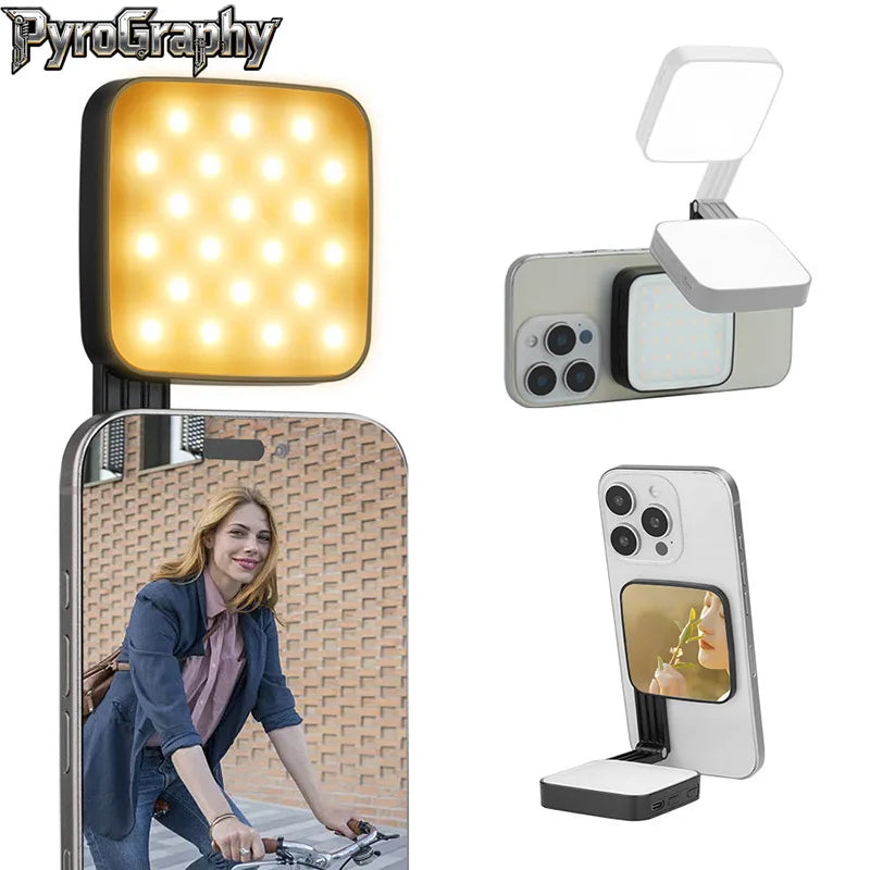 PyroGraphy Magnetic Mobile Phone Photography Filling Light Live Video Mini Ultra-thin LED Selfie Beauty Pocket Light with Mirror