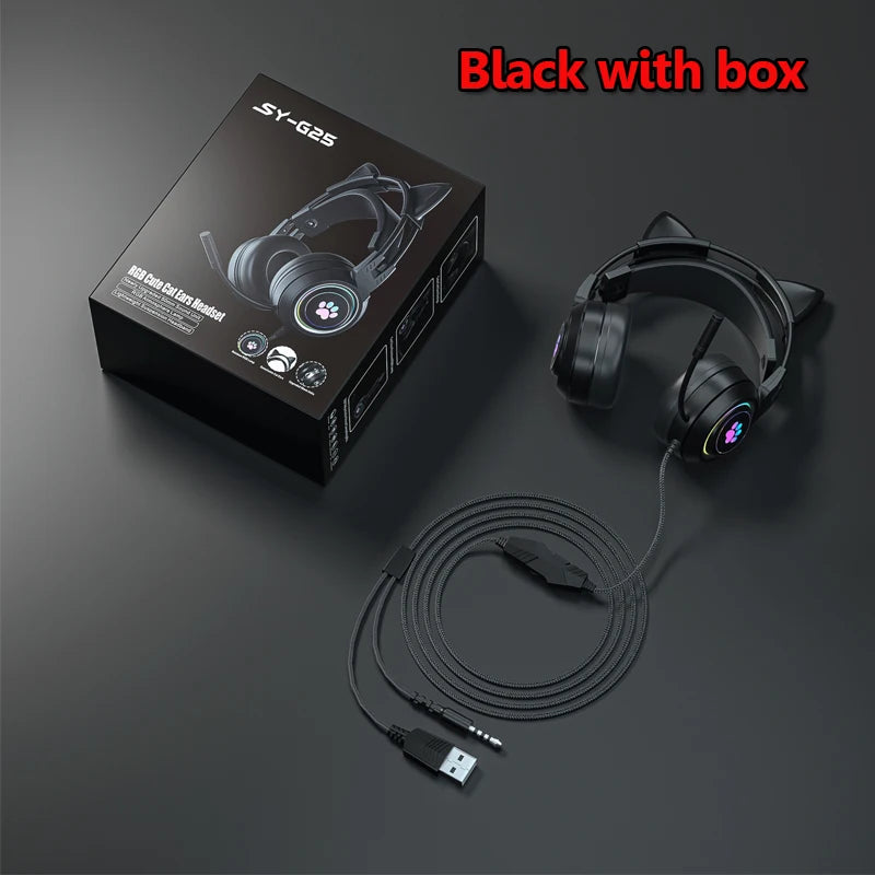 Cute Cat Ear Gaming Headphones with Mic Noise Reduced RGB Pink Girls Headset Gamer Accessories for PS4 Xbox Phone PC Kid Gift