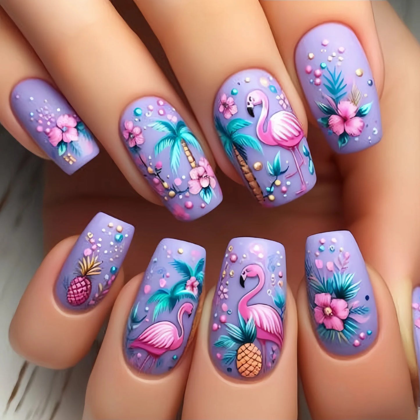 24pcs Mini Flower Press on Nails with Glue Painting Floral Acrylic Fake Nails Spring Design Short Square False Nails for Girls