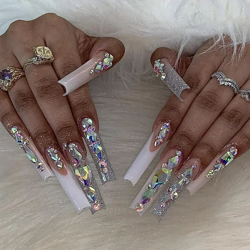 Customize Handmade Extra Long False Nail Tips Glittery Rhinestone 3D Flower Press On Nails Y2K Reusable 3XL Acrylic Fake Nail